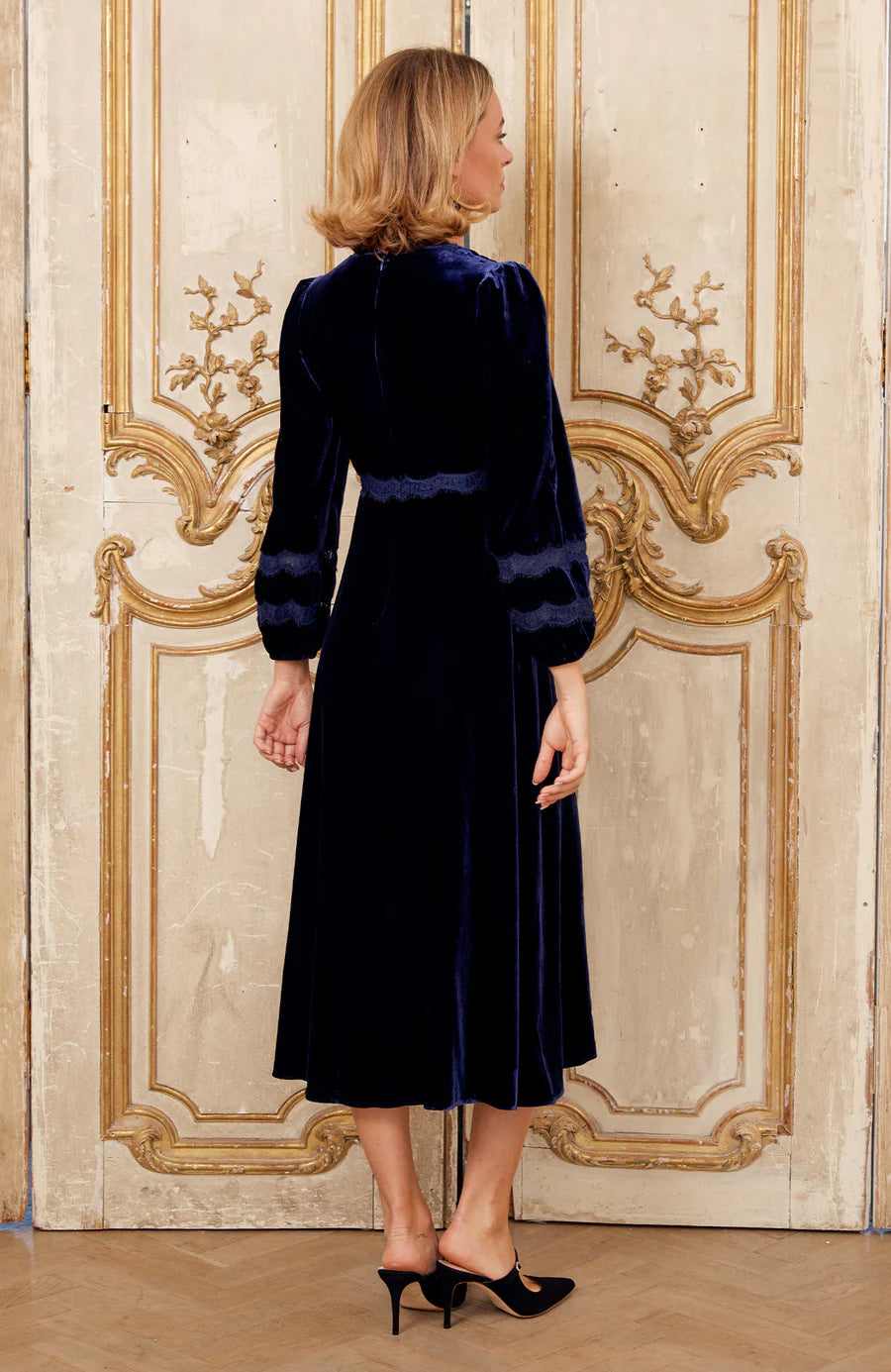 Lorna Navy Velvet Lace Dress by Aspiga London
