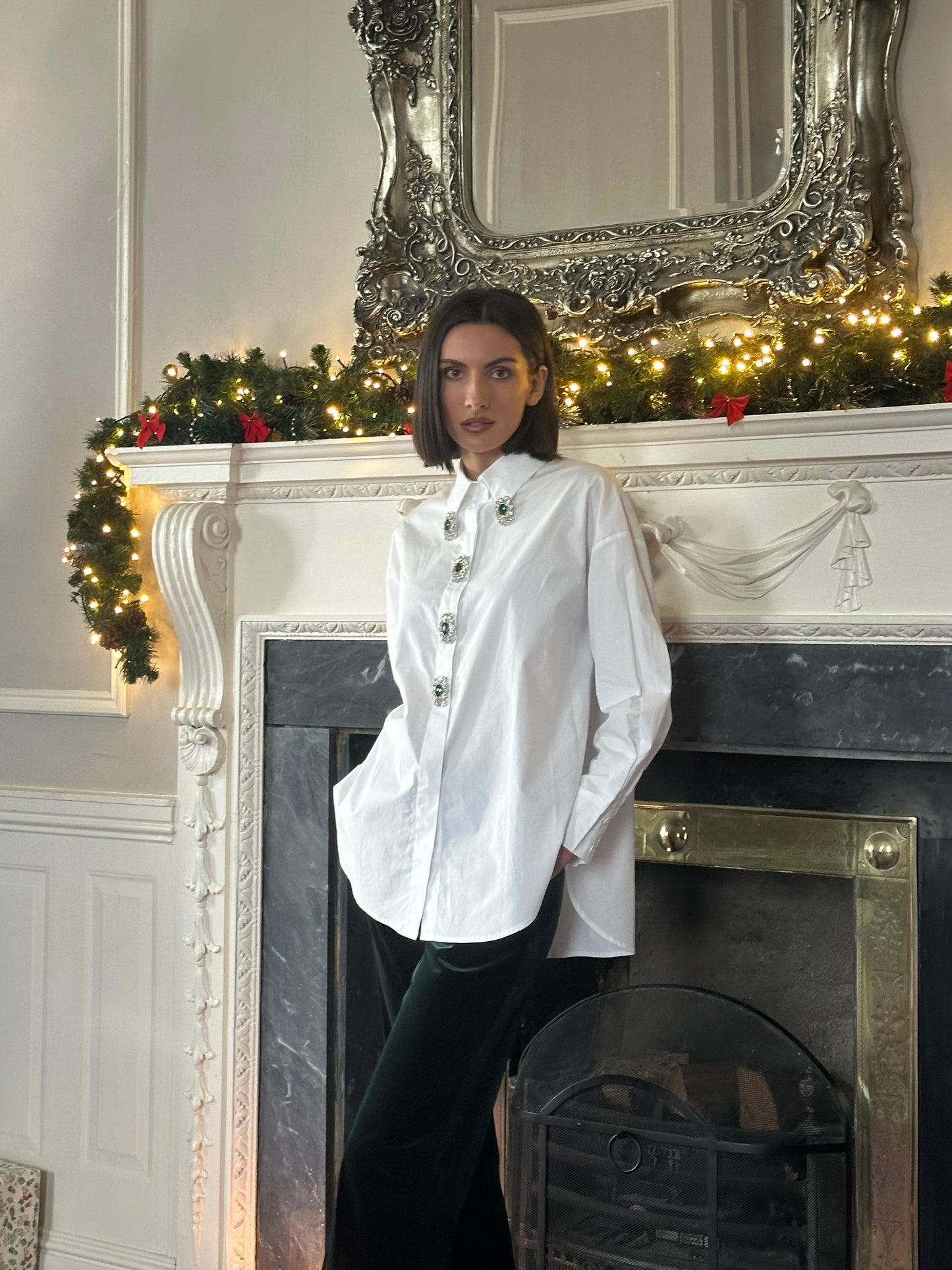 Oversized Shirt in Optic White with Emerald Buttons