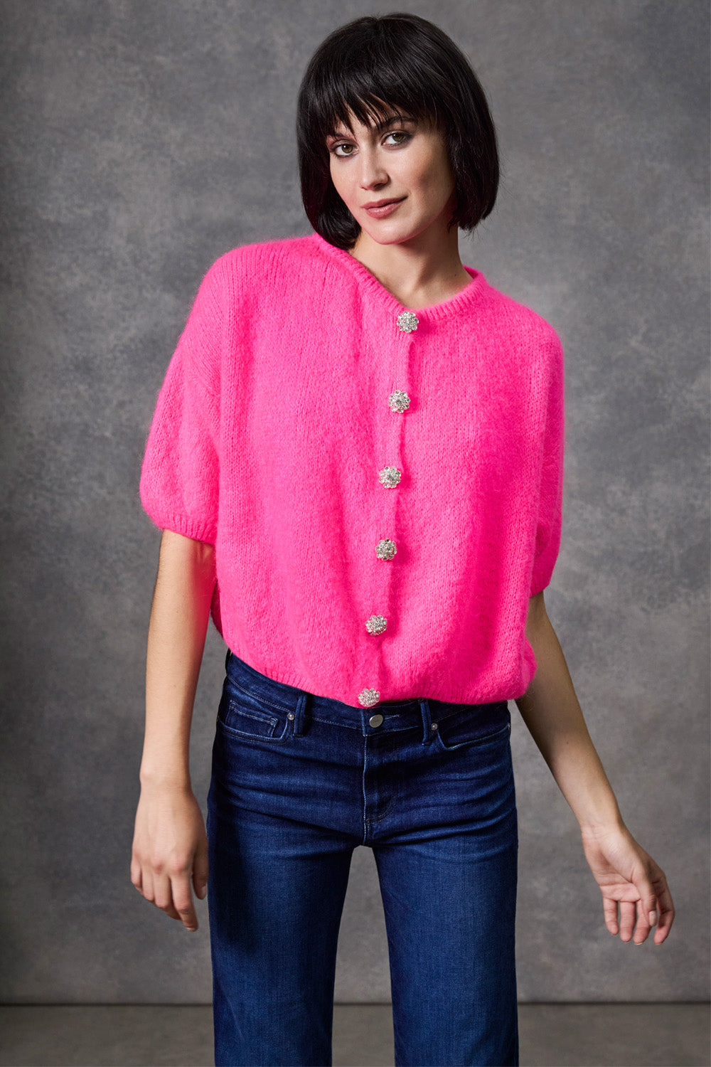 The Eva Short Sleeve Crystal Button Cardigan