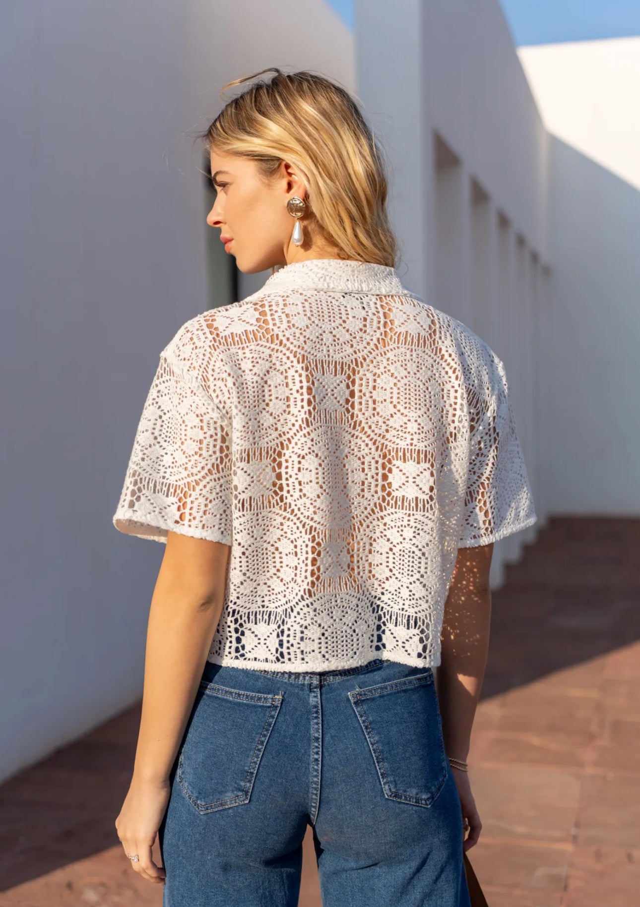 White Button Collar Lace Top