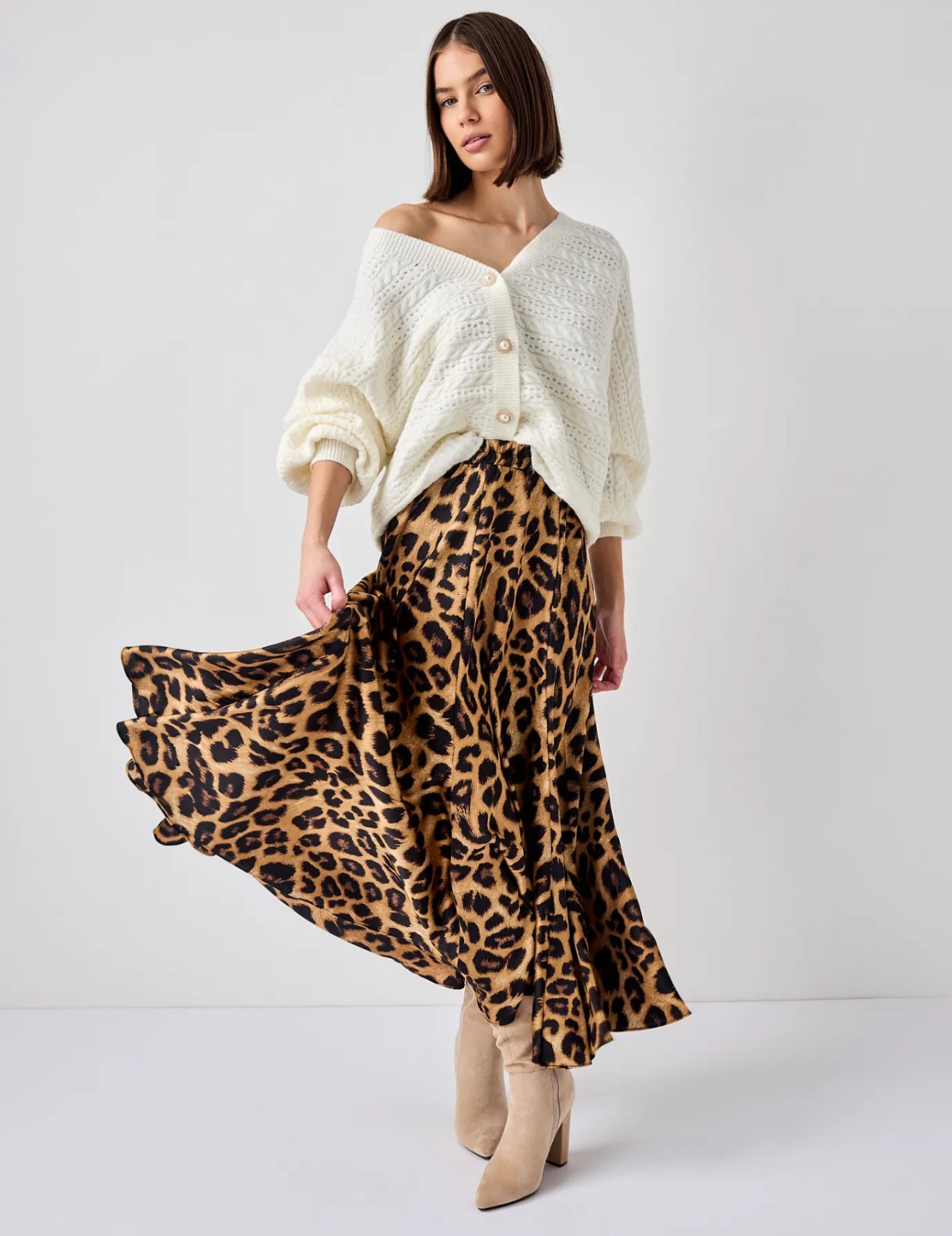 Leopard Silk Pleated Skirt
