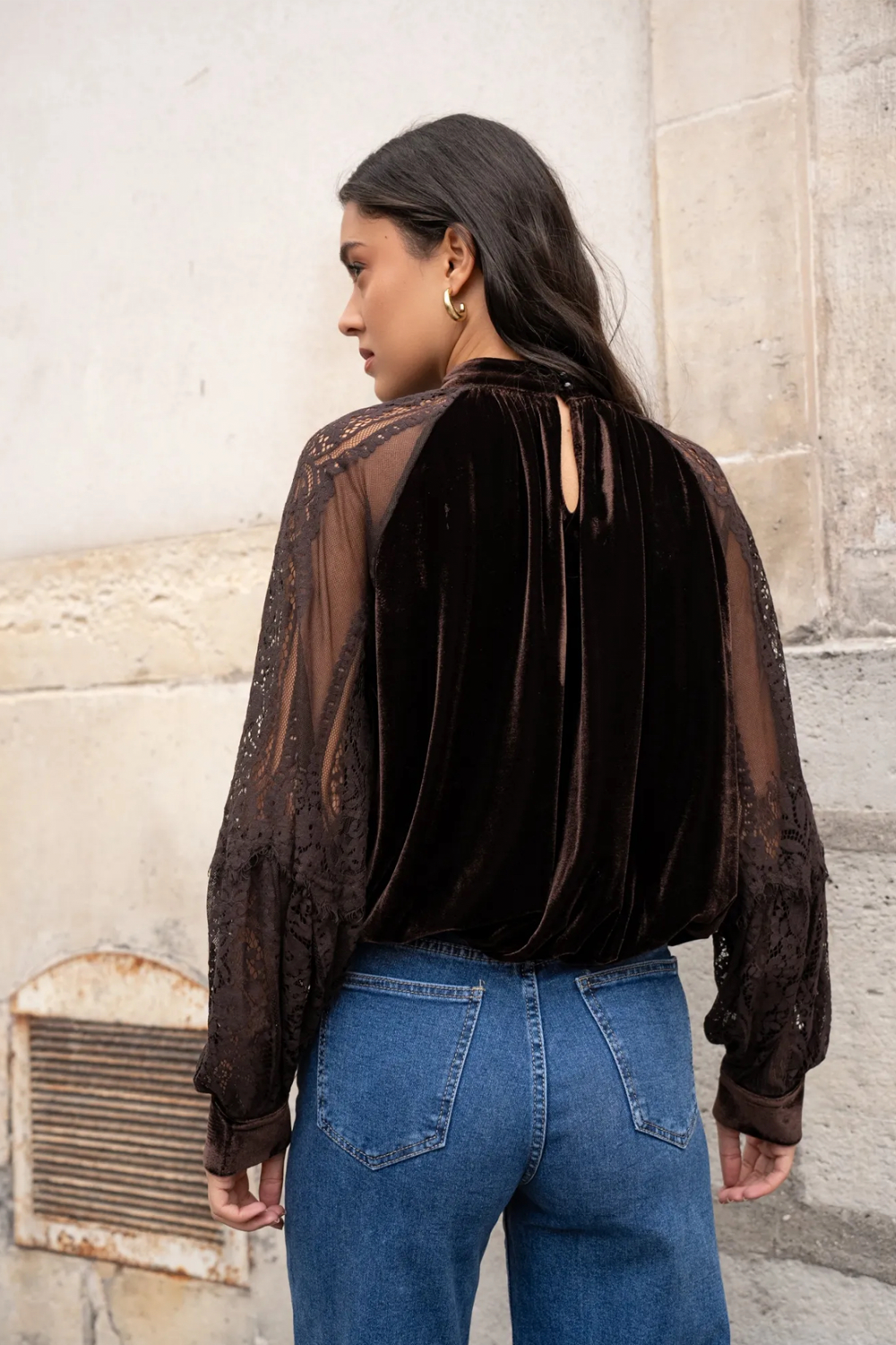 Velvet Top with Lace Appliqué