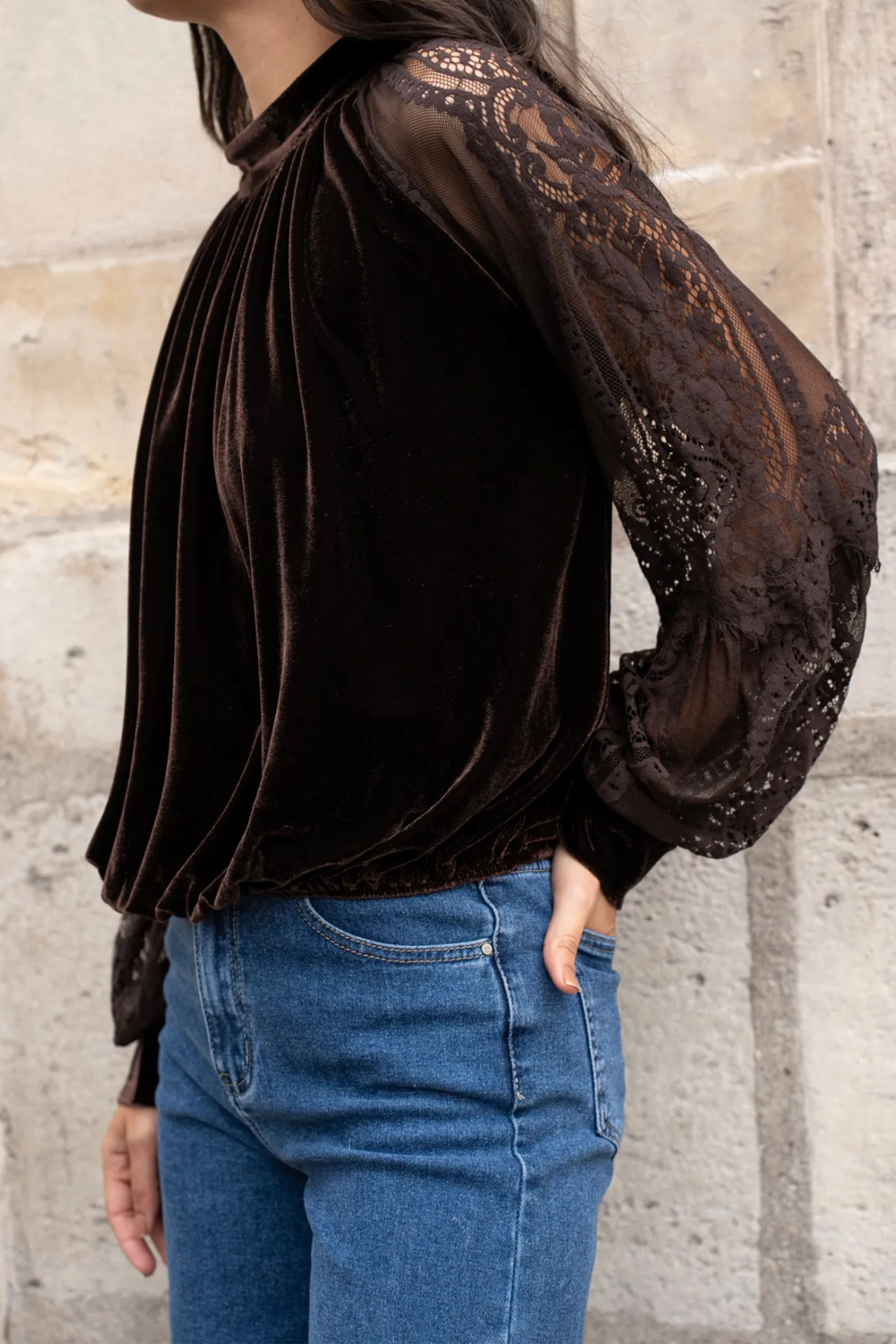 Velvet Top with Lace Appliqué