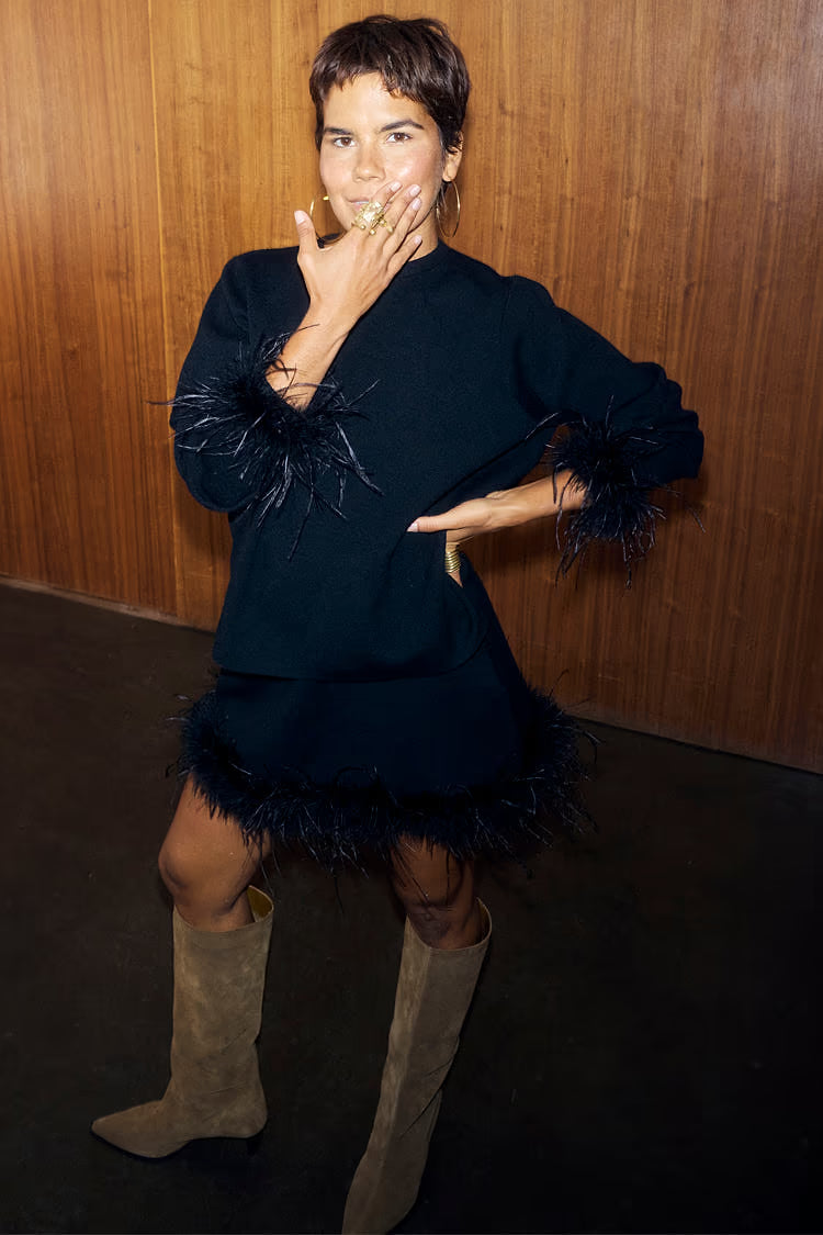 Black Jamie Jumper with Feather Trim