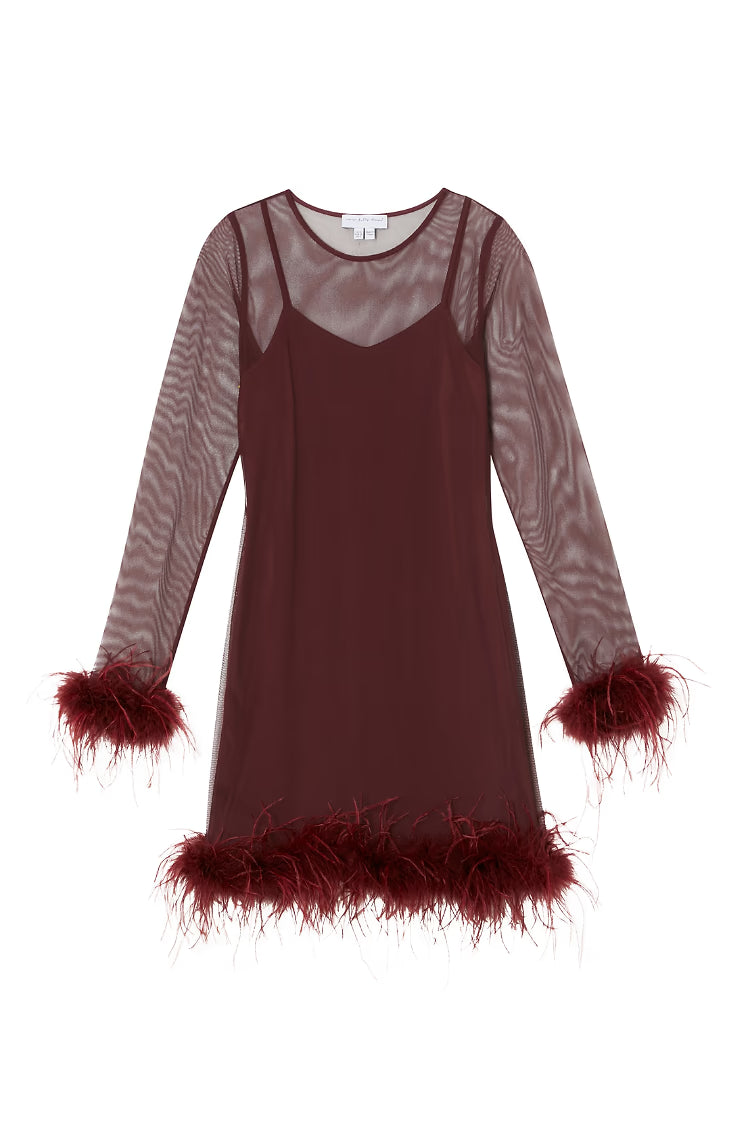 Burgundy Mesh Feather Mini Dress