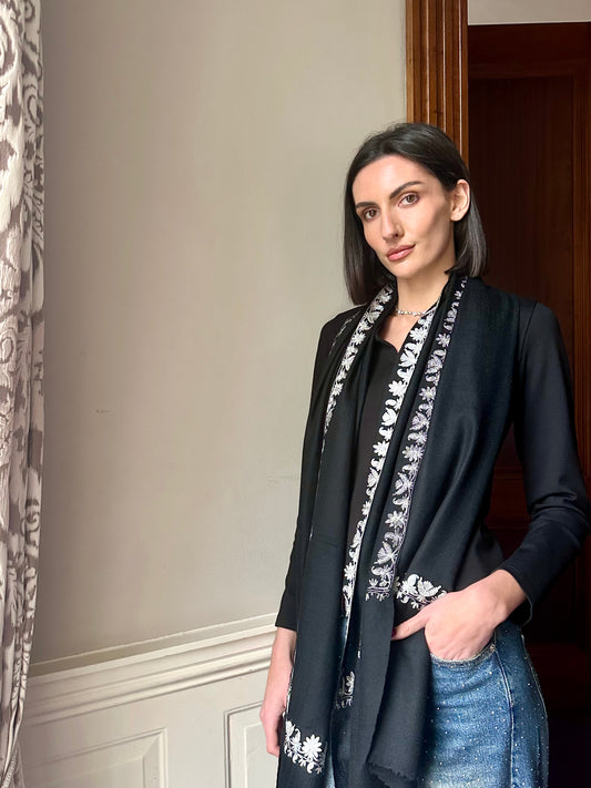 Zendaya Black and Silver Floral Embroidered Wrap