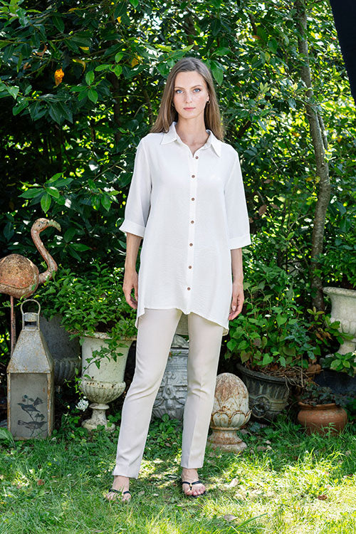 Beige Oversized Shirt with Embroidery
