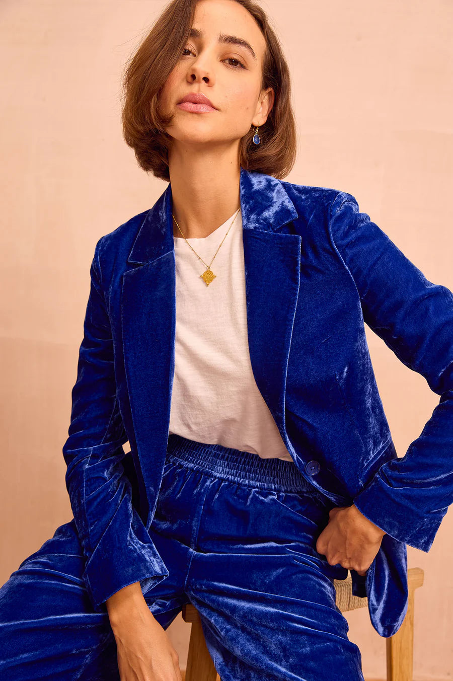 Asha Azure Blue Velvet Blazer by Aspiga London