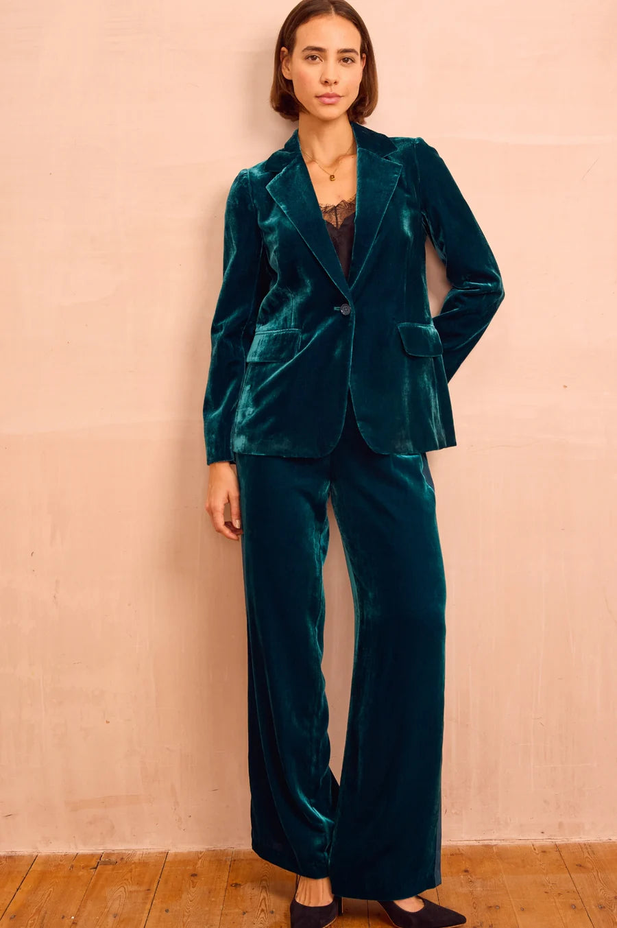 Asha Teal Velvet Blazer by Aspiga London