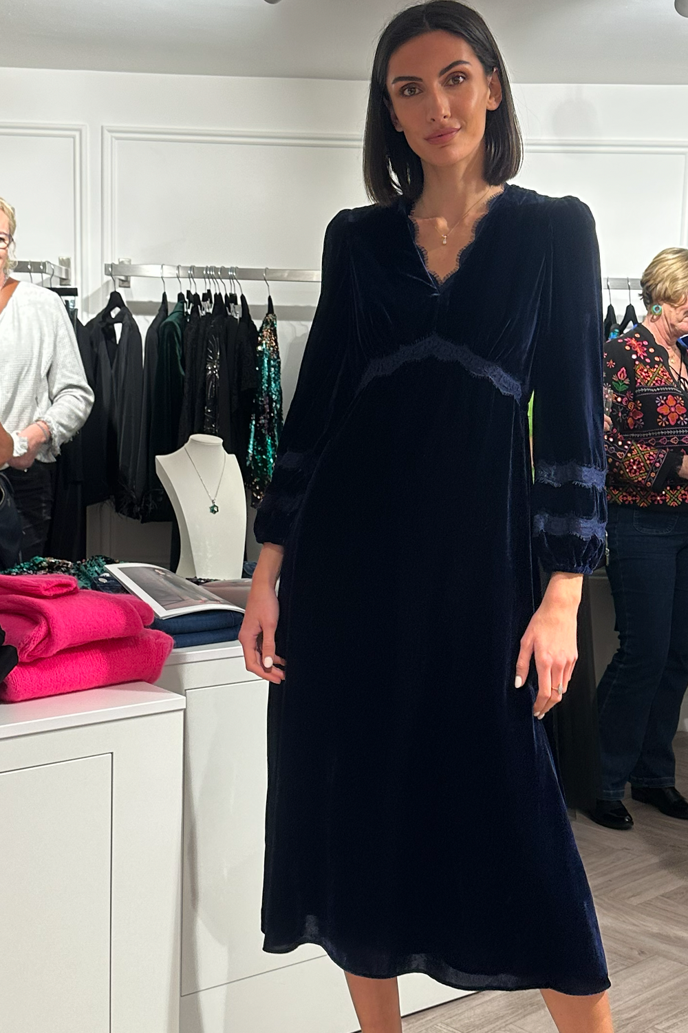 Lorna Navy Velvet Lace Dress by Aspiga London