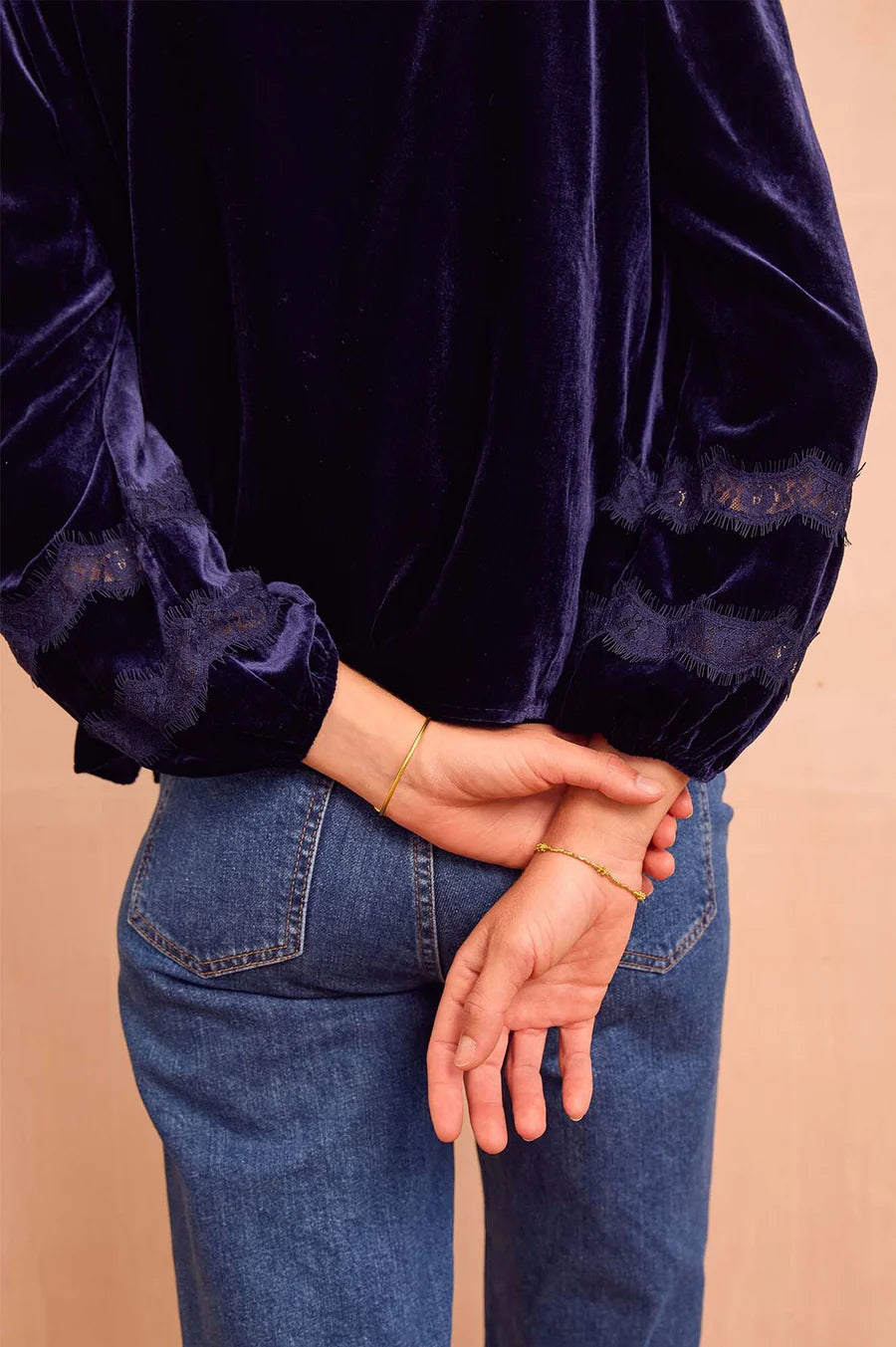 Claudette Navy Velvet Lace Blouse by Aspiga London
