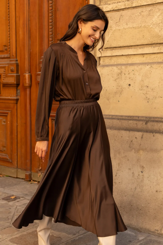 Chocolate Bias Cut Satin Skirt