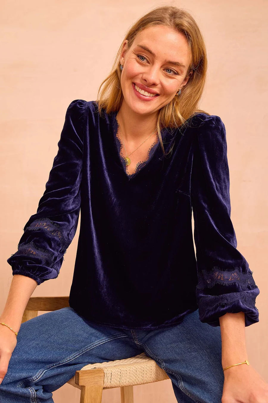 Claudette Navy Velvet Lace Blouse by Aspiga London