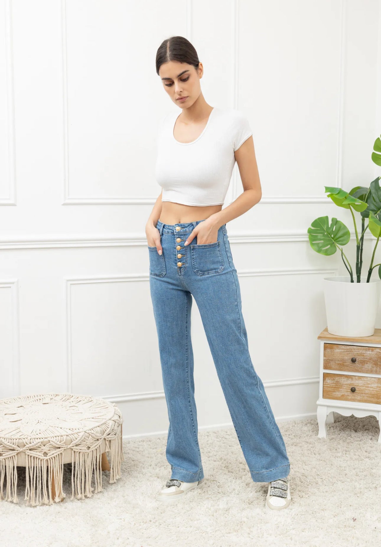 Frida Gold Button Straight Leg Jean