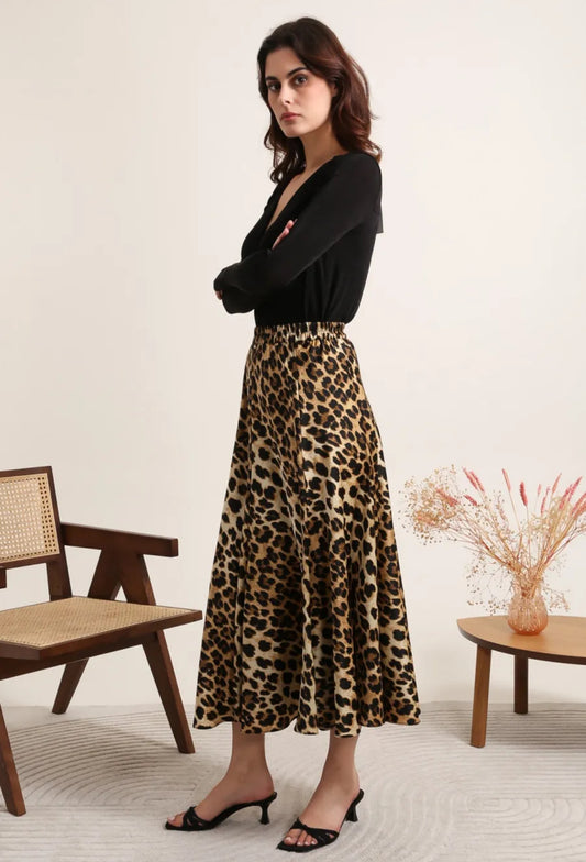 Leopard Silk Pleated Skirt