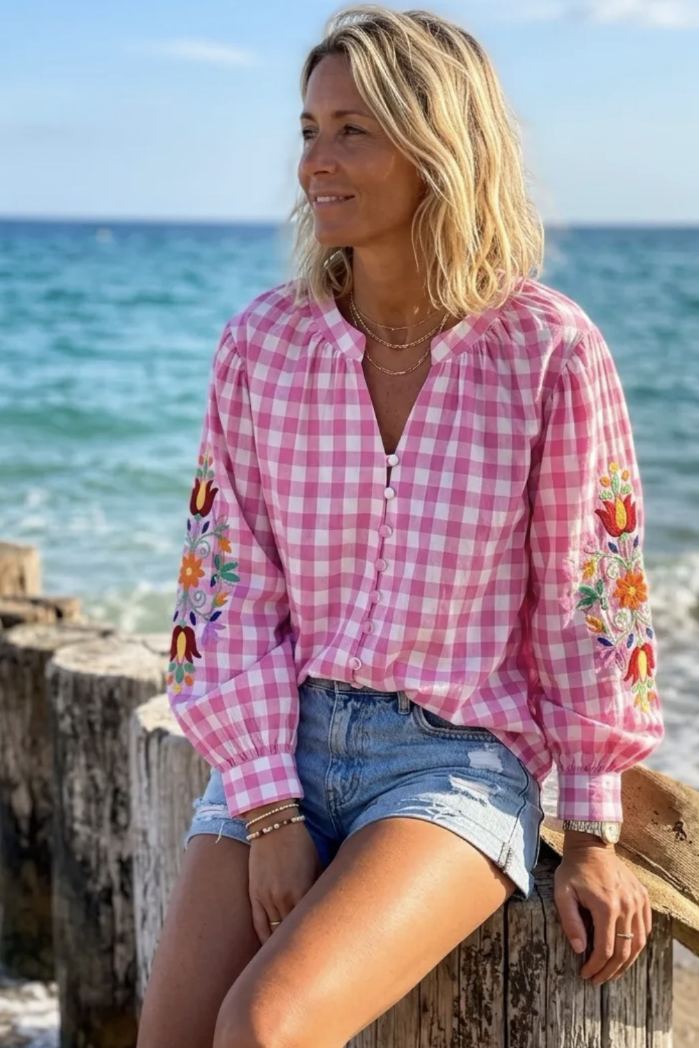 The Gingham Shirt with Embroidered Sleeves