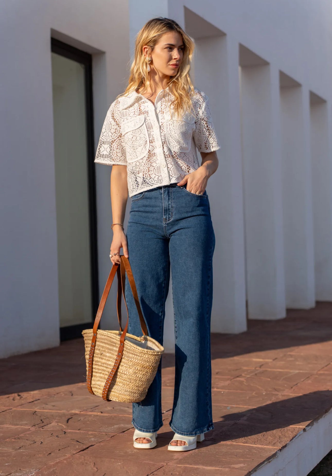 White Button Collar Lace Top