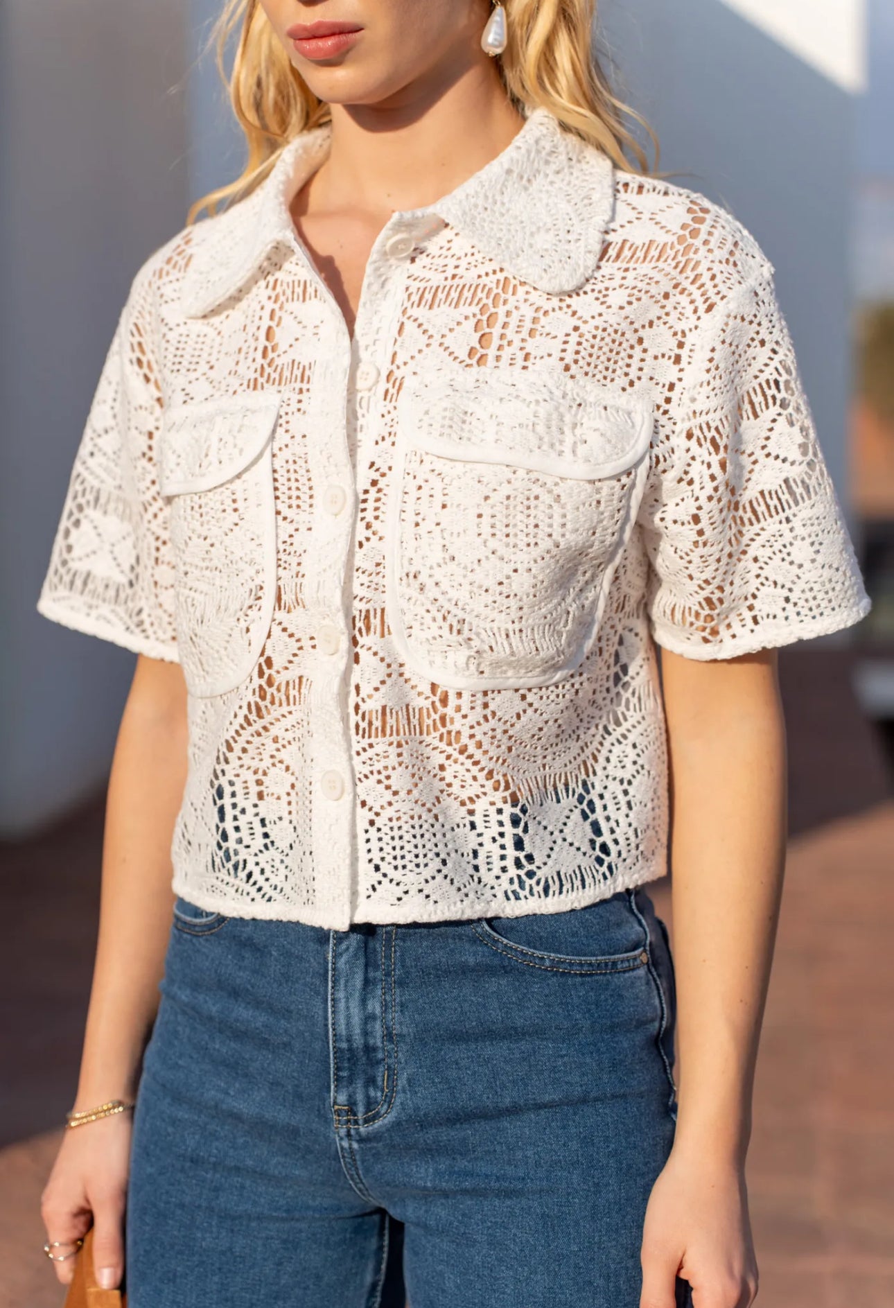 White Button Collar Lace Top