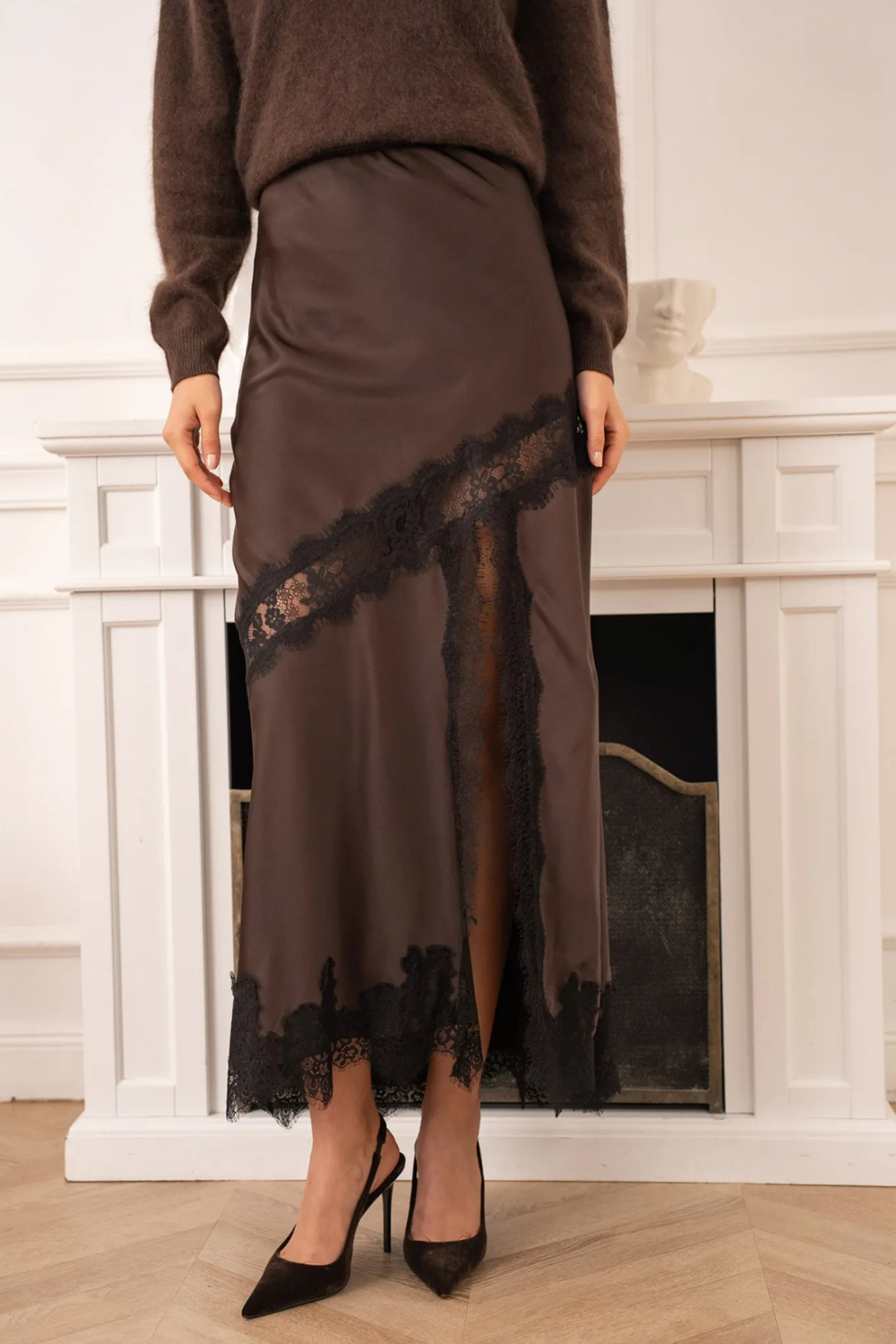 Chocolate Satin Midi Skirt with Lace Detail