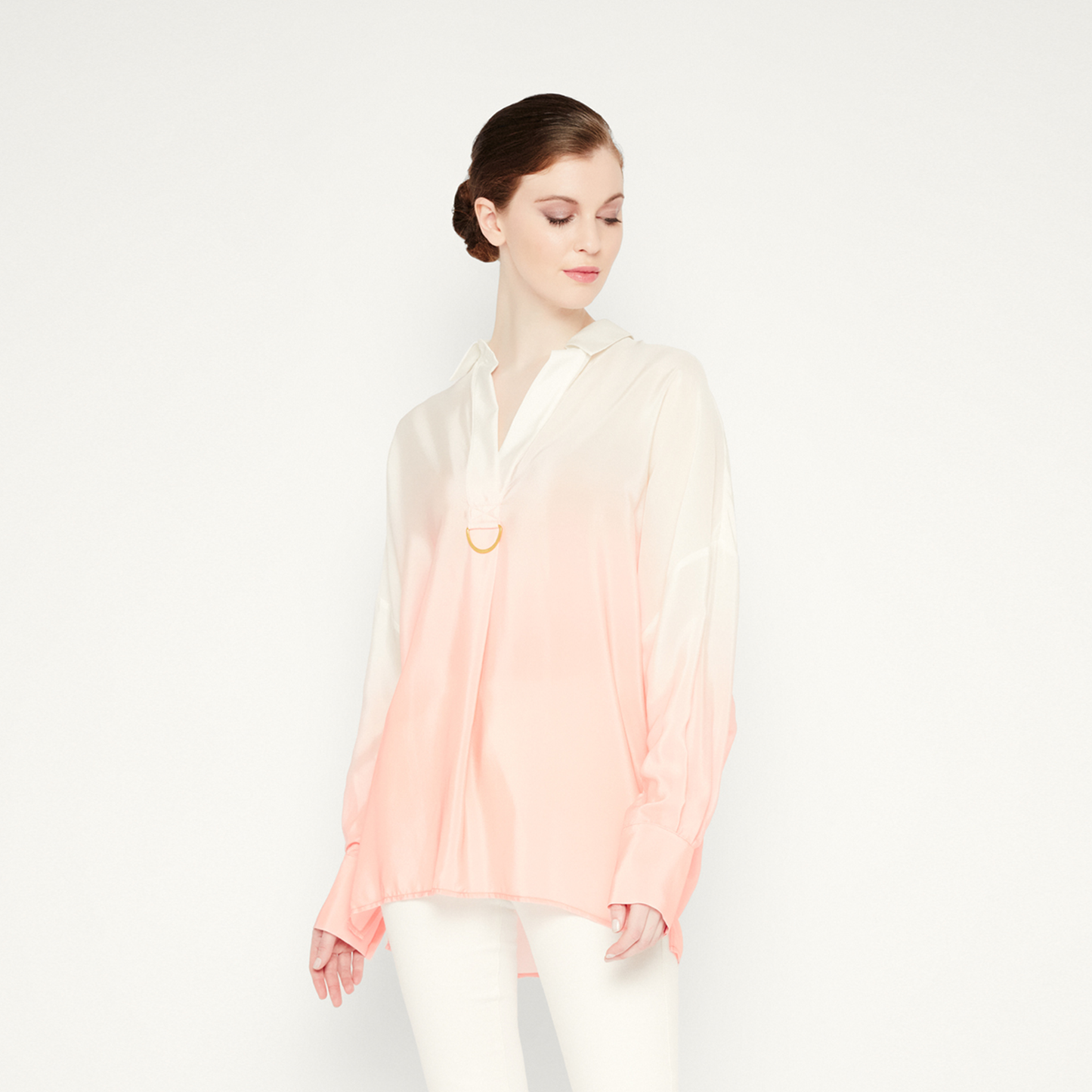 Ombré Silk Collar Shirt in Coral Pink