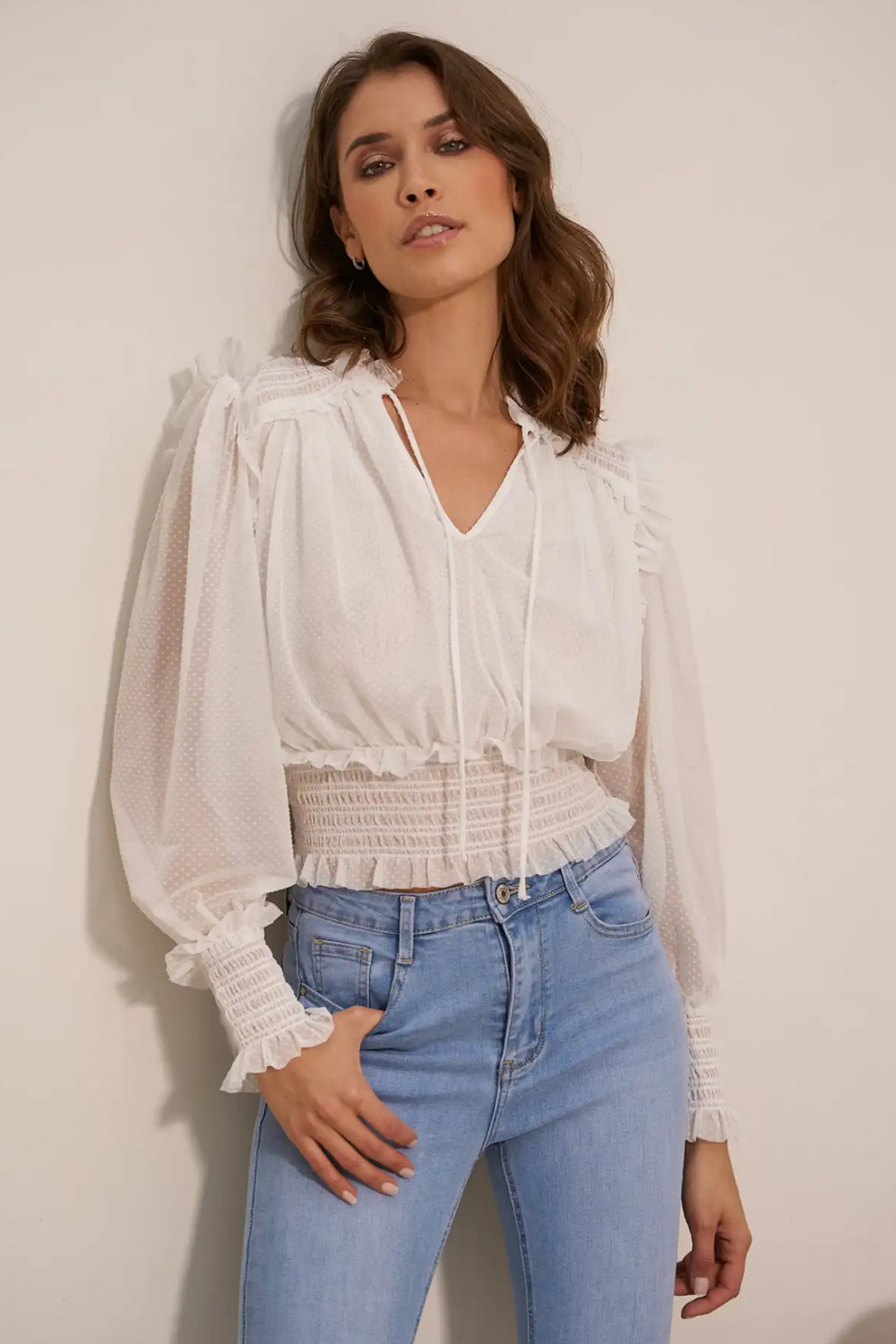 The Satine Top in White Polkadot