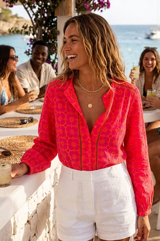 The Salomé Shirt Neon Pink in Broderie Anglaise