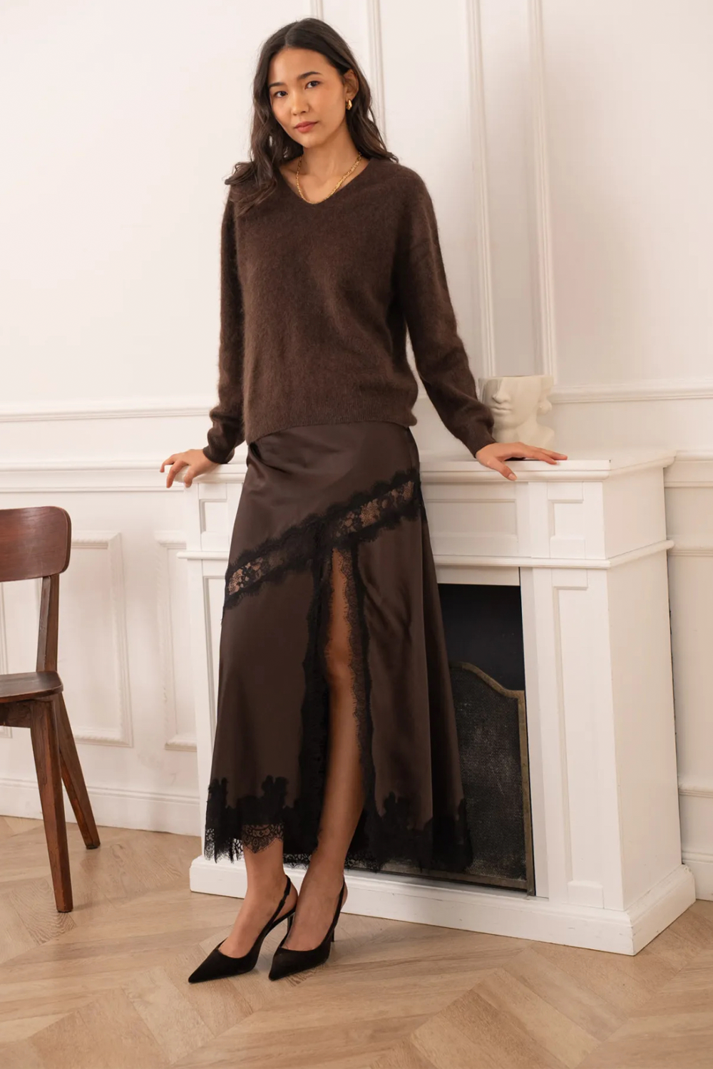 Chocolate Satin Midi Skirt with Lace Detail