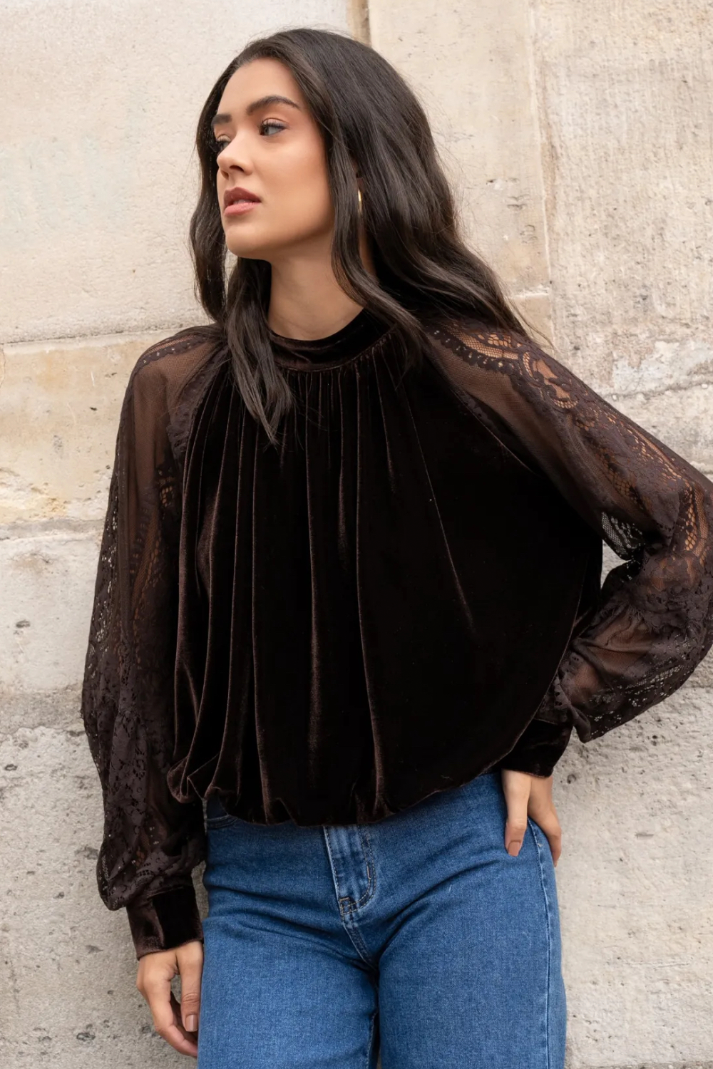 Velvet Top with Lace Appliqué