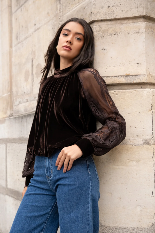 Velvet Top with Lace Appliqué